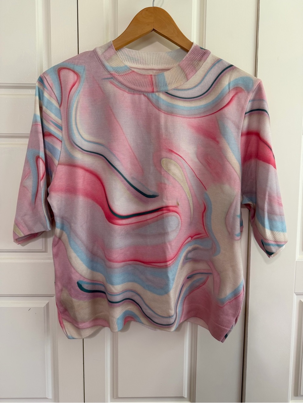 Anthropologie Marble-Swirl Short Sleeve sweater - Pink Multi